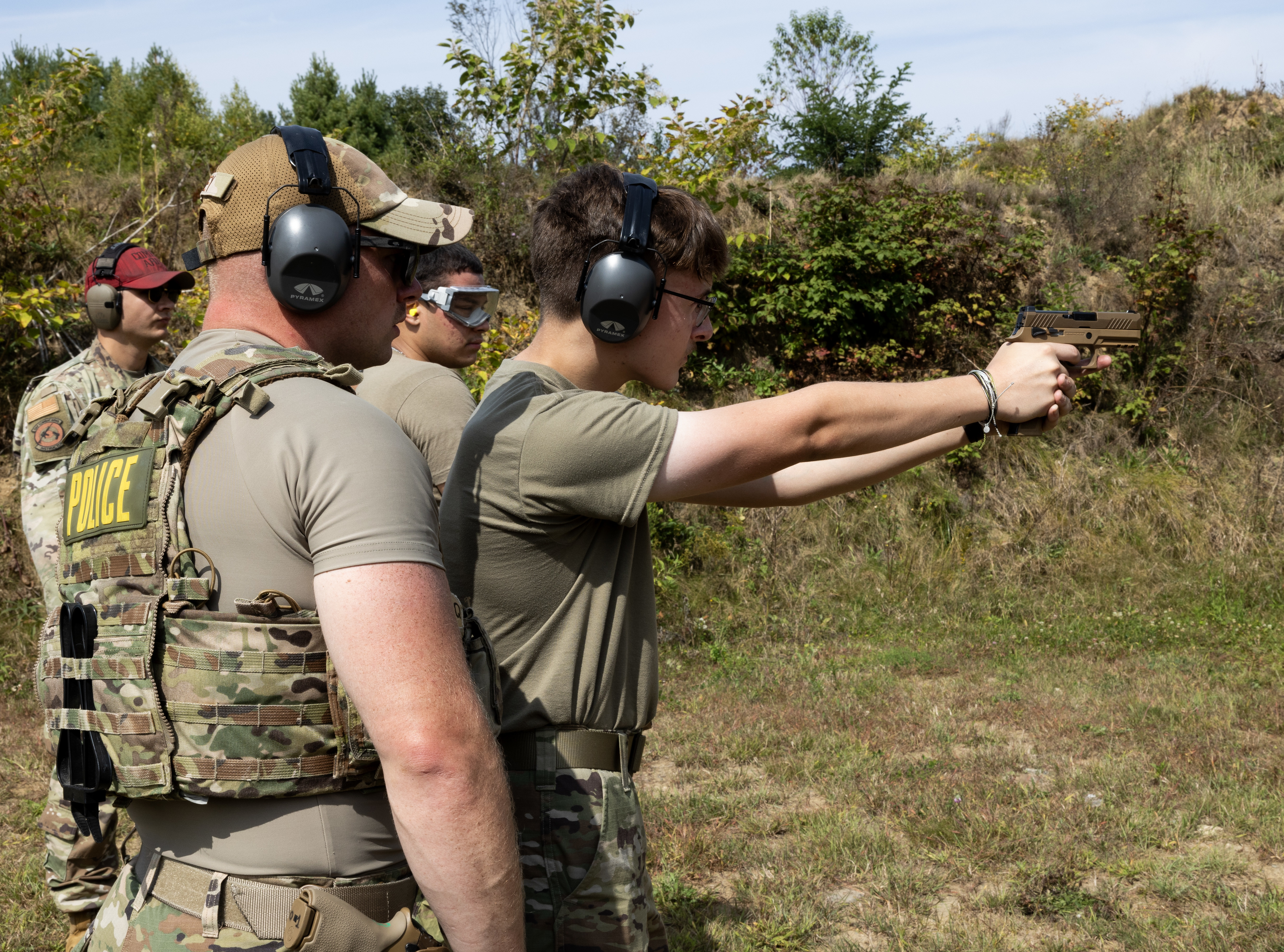 Master Sgt. Jeremy Morey, security forces supervisor assigned to the 109th Airlift Wing, Scotia New York, instructs an Airman during a security forces augmented training course on September 17, 2024.  The purpose of the augmentee course is to backfill at home station when security forces defenders must forward deploy. The course covers weapons training, combative and day to day base procedures.