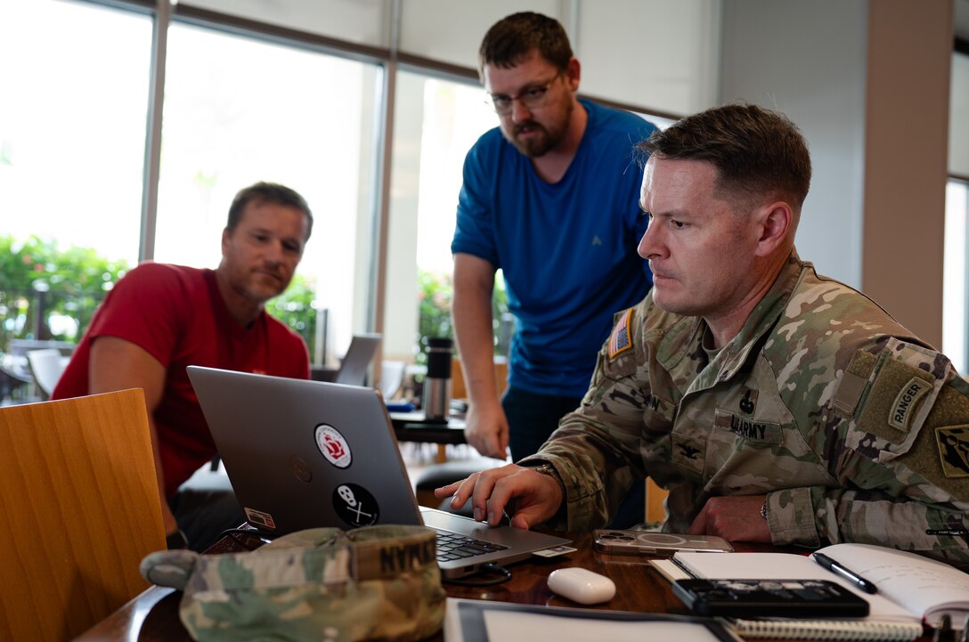 U.S. Army Corps of Engineers (USACE), Jacksonville District Commander Col. Brandon Bowman, along with Crisis Action Team Members Jake Edwards (blue shirt) and Thomas Spencer, study the map and delineate a plan to meet with several Emergency Management Chiefs before Hurricane Milton makes landfall.  #USACE support for post-storm #Milton on his way to central Florida to preposition before the storm. Our number one priority continues to be the life, health, and safety of all who are affected by Hurricane Milton.