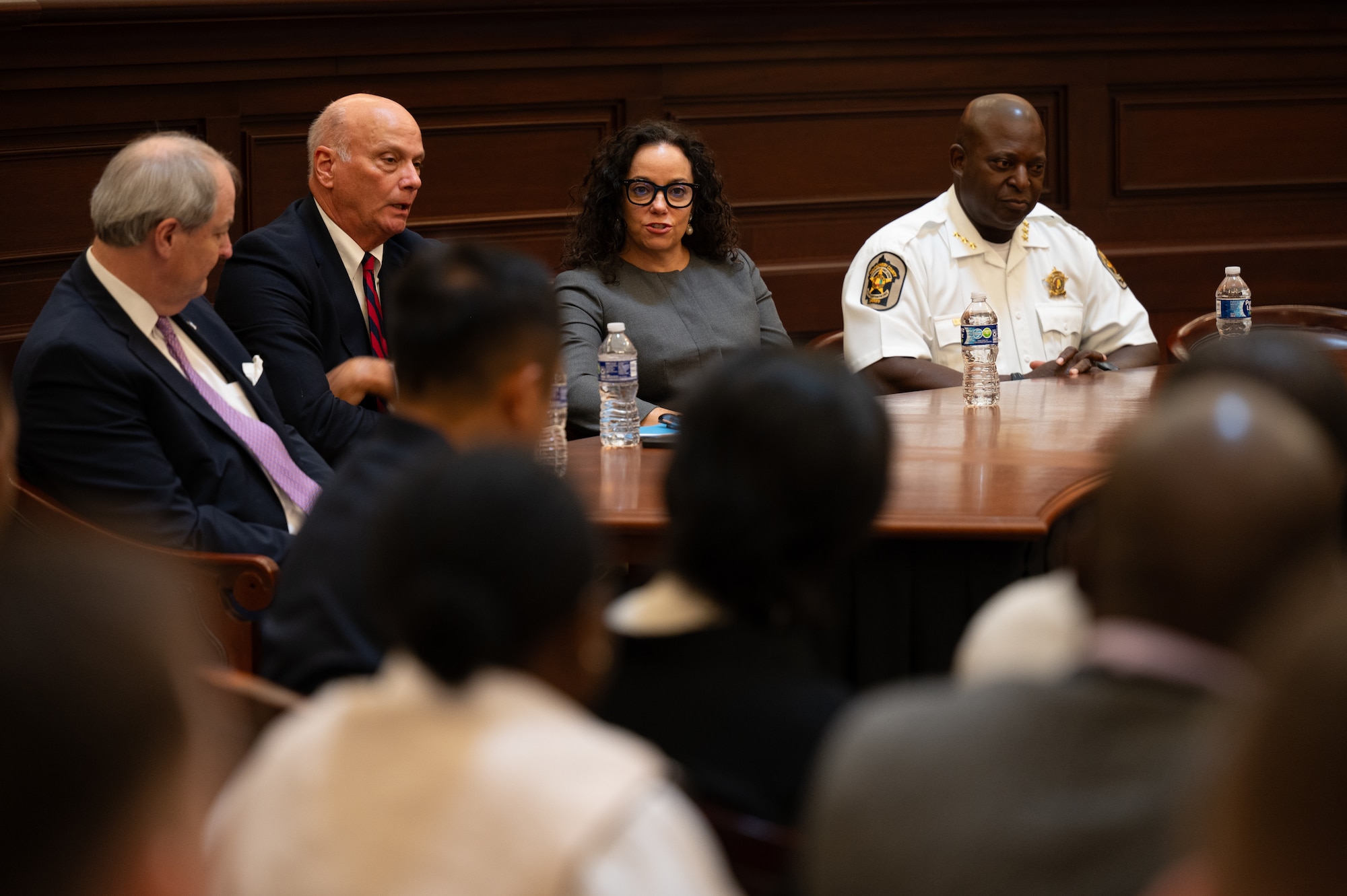 U.S. Magistrate Judge Kelly Pate, addresses students from the International Officer School at the Alabama Supreme Court in Montgomery, Alabama, Oct. 4, 2024. The visit was part of the Fields Studies Program, which offers international students and military visitors a comprehensive understanding of American culture, institutions, and values through various visits around Montgomery. (U.S. Air Force photo by Senior Airman Evan Porter)