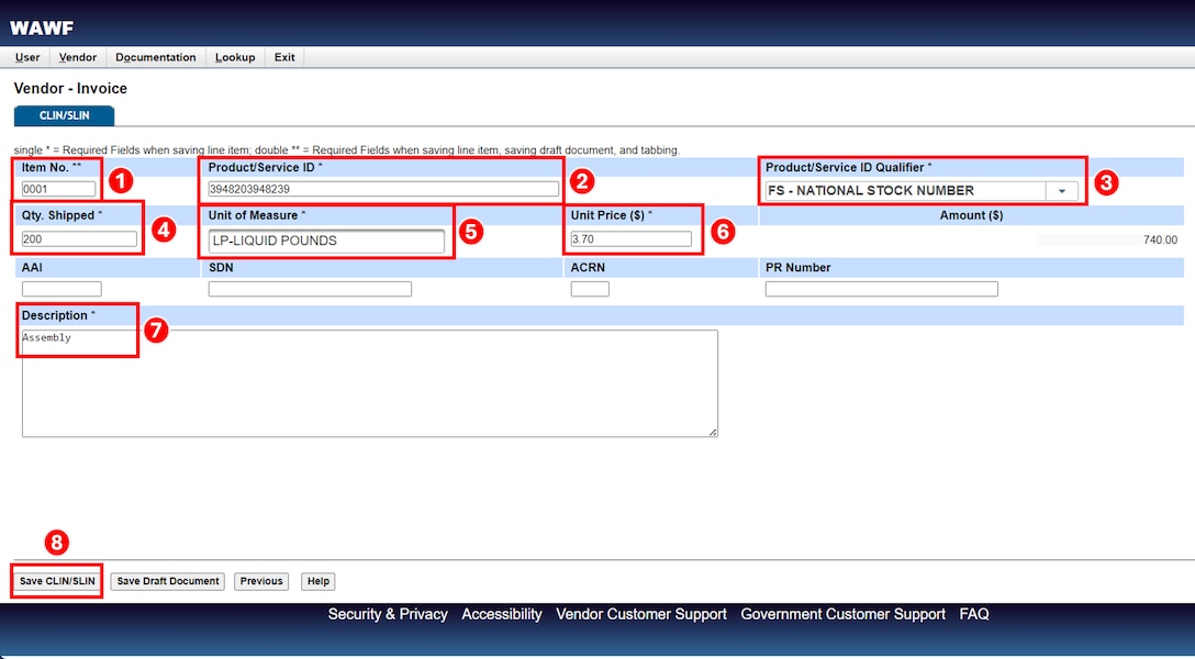 Fill in line item details and select Save.