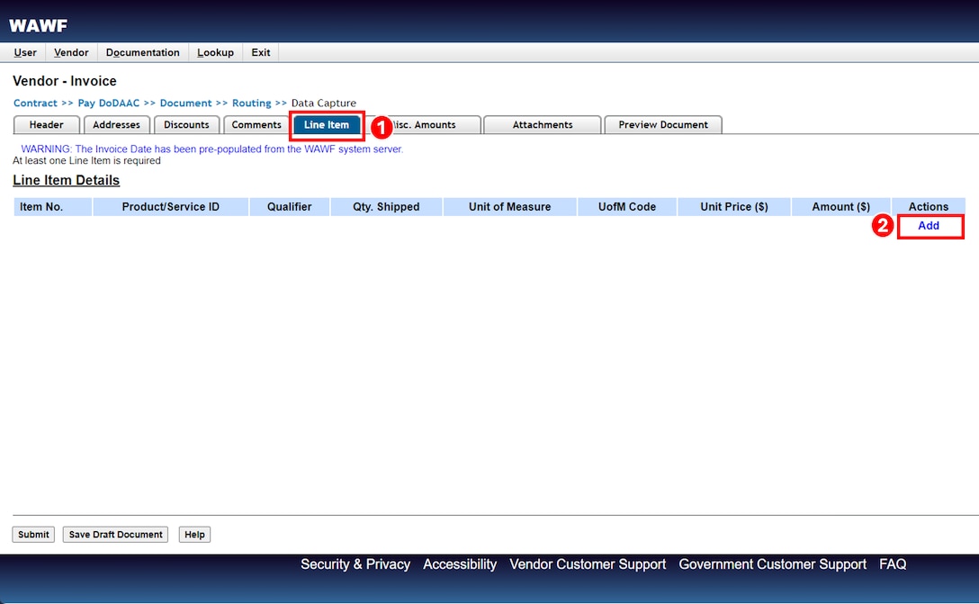 Select Line Item tab. Select Edit under the Line Item Details section.  Select Add to add a line item (if blank).