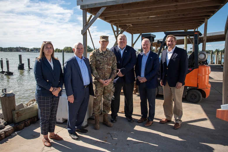 Federal, state and local officials participate in a press event marking the commencement of construction on the second phase of the Mid-Chesapeake Bay Island Ecosystem Restoration Project, or Mid-Bay, Oct. 10, 2024. The work will include excavation of material from the Honga & Tar Bay federal navigation channels and placement within a contained area adjacent to Barren Island.