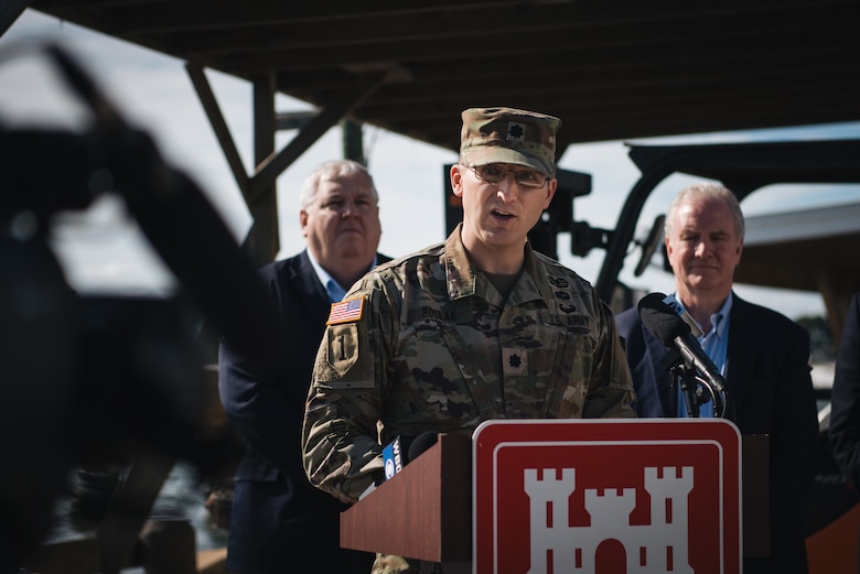U.S. Army Corps of Engineers, Baltimore District, Deputy District Commander Lt. Col. Mark Pollak provides remarks at a press event marking the commencement of work on the second phase of the Mid-Chesapeake Bay Island Ecosystem Restoration Project, or Mid-Bay, Oct. 10, 2024.