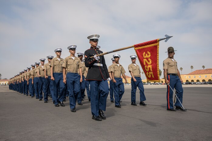 U.S. Marines with Lima Company, 3rd Recruit Training Battalion, march in formation during their graduation ceremony at Marine Corps Recruit Depot San Diego, California, Oct. 4, 2024. Graduation took place at the completion of the 13-week transformation, which included training for drill, marksmanship, basic combat skills, and Marine Corps customs and traditions. (U.S. Marine Corps photo by Cpl. Sarah M. Grawcock)