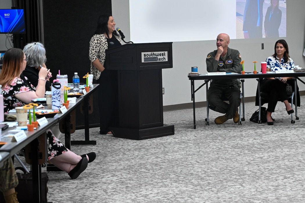 Gwendolyn Brakebill, 97th Force Support Squadron school liaison program manager, speaks to 97th Air Mobility Wing leadership, local teachers, and school administrators at Southwest Technology Center in Altus, Oklahoma, Oct. 9, 2024. One of Breakbill’s responsibilities as a school liaison is to ensure children have a balanced education environment. (U.S. Air Force photo by Senior Airman Miyah Gray)