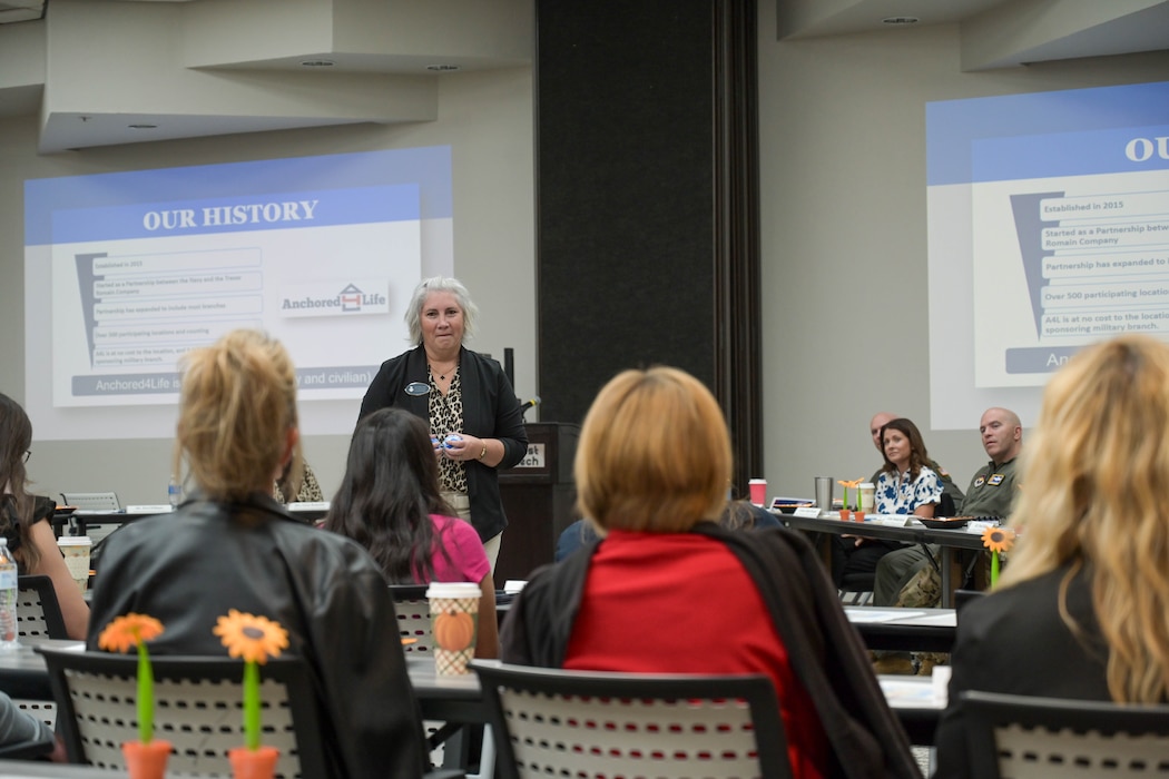 Terri Williams, 19th Mission Support Group school liaison program manager, speaks during a discussion between 97th Air Mobility Wing leadership and Altus teachers and school administrators at Southwest Technology Center in Altus, Oklahoma, Oct. 9, 2024. Williams spoke about the importance of helping children enhance their social and leadership skills, character building, and improving self-esteem. (U.S. Air Force photo by Airman 1st Class Lauren Torres)