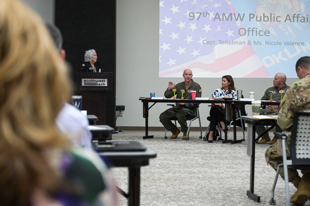 U.S. Air Force Col. Jeff Marshall, 97th Air Mobility Wing commander, speaks to local teachers and school administrators at Southwest Technology Center in Altus, Oklahoma, Oct. 9, 2024. The event gave 97 AMW leadership the opportunity to inform teachers, school administrators, and community members about best practices and available resources for military students.  (U.S. Air Force photo by Airman 1st Class Lauren Torres)