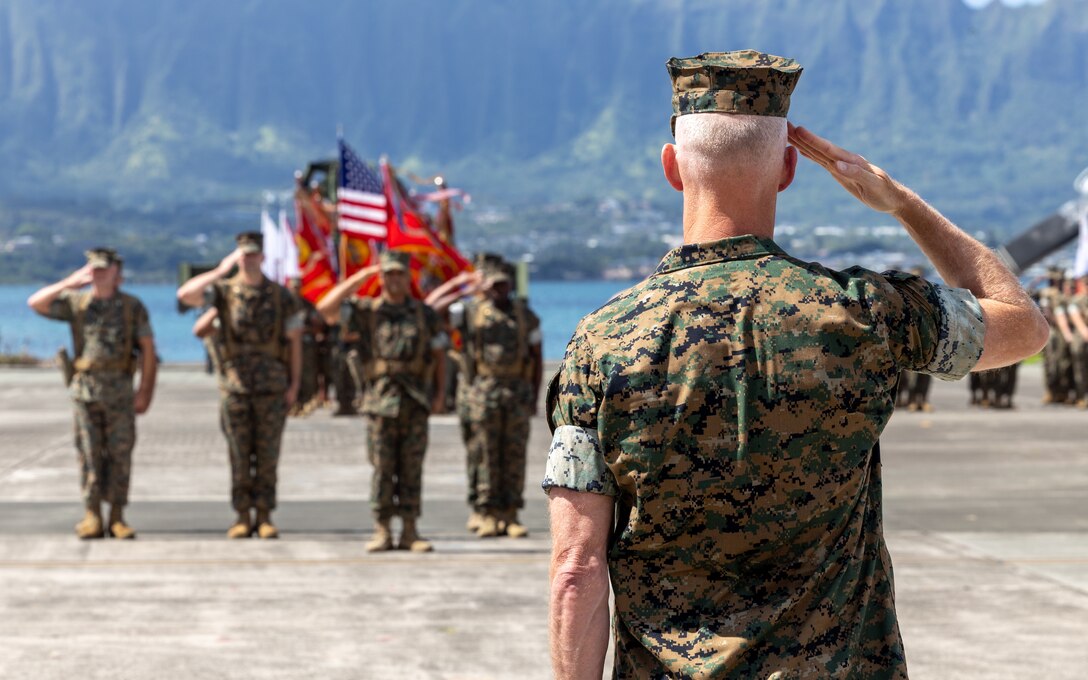 U.S. Marine Corps Lt. Gen. James F. Glynn, incoming commander, U.S. Marine Corps Forces, Pacific, salutes his Marines during the MARFORPAC change of command ceremony on Marine Corps Base Hawaii, Sept. 12, 2024. With two-thirds of the Marine Corps’ operating forces assigned, MARFORPAC operates in the U.S. Indo-Pacific Command area of responsibility, the largest Geographical Combatant Command in the U.S. Department of Defense, as the Nation’s expeditionary force-in-readiness. Pacific Marines serve alongside the joint force and like-minded allies and partners to preserve and maintain a free and open Indo-Pacific region. (U.S. Marine Corps photo by Staff Sgt. Ash McLaughlin)