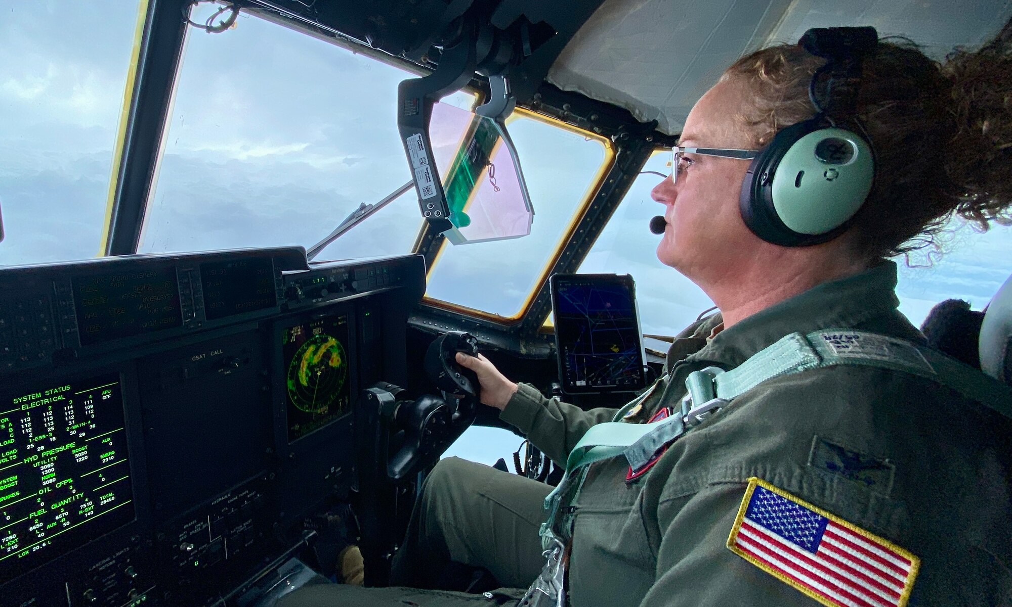 Female pilot flying WC-130J into Hurricane Milton