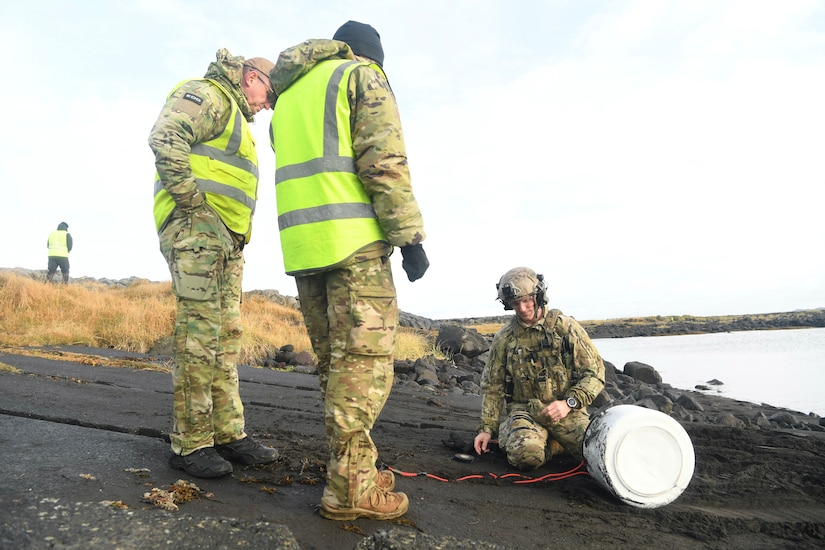 Two standing service members watch as a kneeling sailor handles a white device with wires along a shoreline.