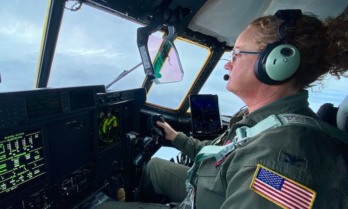Female pilot flying WC-130J into Hurricane Milton