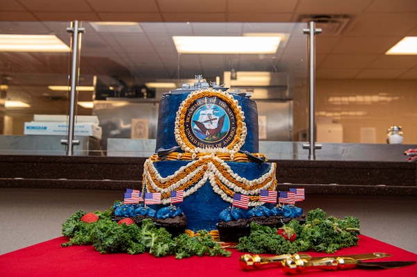 Portsmouth, VA (Oct. 10, 2024) A cake made by the Naval Medical Center Portsmouth (NMCP) Galley to celebrate the U.S. Navy's 249th birthday. The U.S. Navy was established Oct. 13, 1775, and is celebrated every year at commands throughout the U.S. Navy. (U.S. Navy photo by Mass Communication Specialist 2nd Class Thomas Boatright)