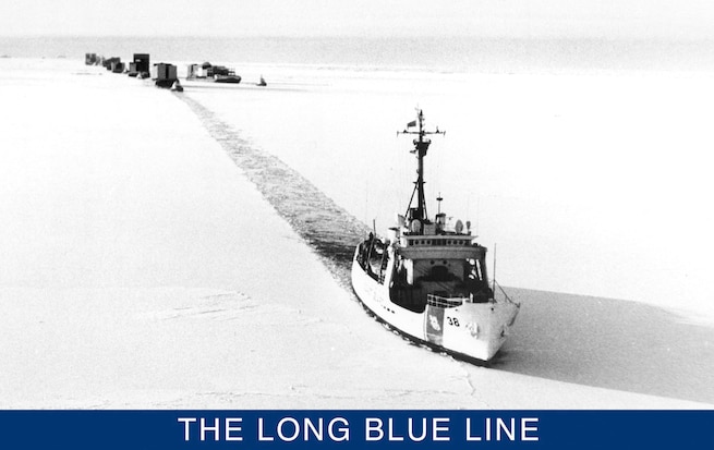 An aerial view of Storis breaking ice in Prudhoe Bay for tugs and barges delivering equipment and supplies to build the Trans-Alaskan Pipeline. (U.S. Coast Guard)