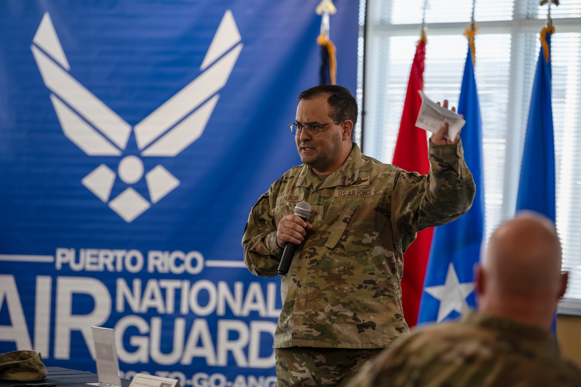 U.S. Air Force Brig. Gen. Humberto Pabon Jr., assistant adjutant general air, Puerto Rico Air National Guard, briefs leaders during the Contingency Response Senior Leadership Summit at Muñiz Air National Guard Base, Carolina, Puerto Rico, Oct. 8, 2024. The first ever CR Summit brought together leaders from 10 participating states and territories to standardize how to better organize, train, and equip contingency response units across the Air National Guard enterprise focusing on expanding and enhancing CR global capabilities for future opportunities by exchanging best practices across the spectrum of air operations, from humanitarian disaster response to contested combat environments. (U.S. Air National Guard photo by Senior Airman Victoria A. Jewett)