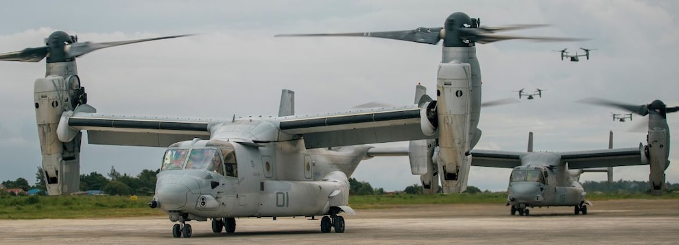 241009-M-LO557-1375 LAOAG CITY, Philippines (Oct. 9, 2024) U.S. Marine Corps MV-22B Osprey attached to Marine Medium Tiltrotor Squadron (VMM) 165 (Reinforced), 15th Marine Expeditionary Unit, arrive at Laoag International Airport during foreign disaster relief operations in Laoag City, Ilocos Norte, Philippines, Oct. 9, 2024. The U.S. Department of Defense is supporting the Republic of the Philippines at the request of the Government of the Philippines providing foreign disaster relief in the aftermath of Typhoon Krathon (Julian) in Northern Luzon. (U.S. Marine Corps photo by Sgt. Amelia Kang)