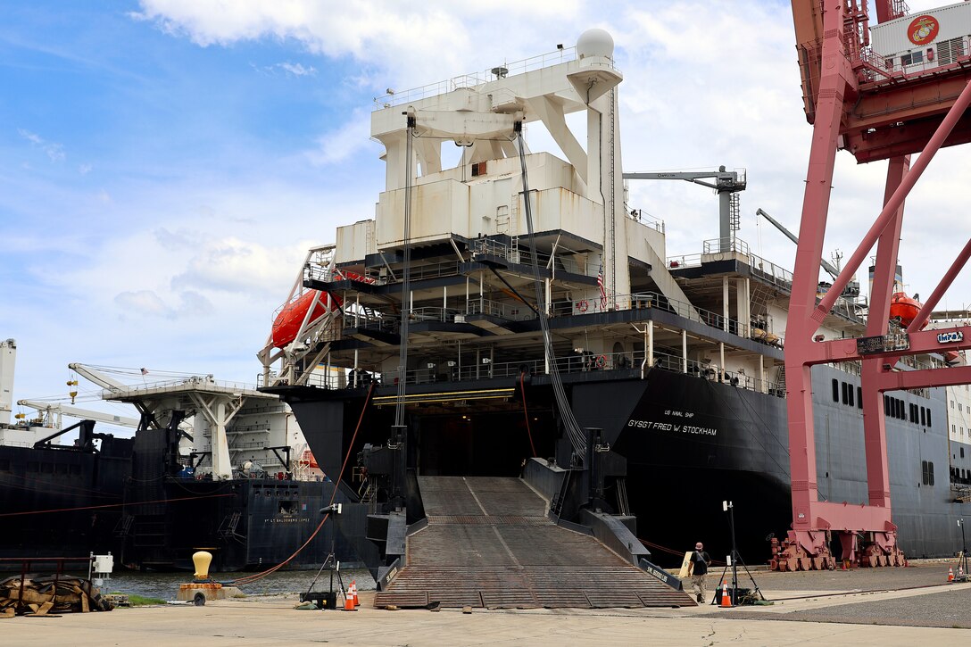 USNS GySgt. Fred W. Stockham is staged for offloading Aug. 22, 2024, at Marine Corps Support Facility Blount Island in Florida.