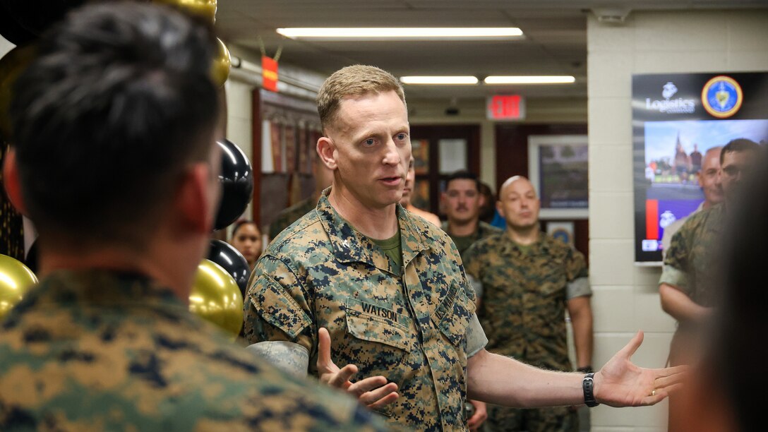 U.S. Marine Corps Col. Luke Watson, commanding officer, Blount Island Command, thanks service members and government civilians during an employee appreciation break Sept. 30, 2024, at Marine Corps Support Facility Blount Island in Florida.