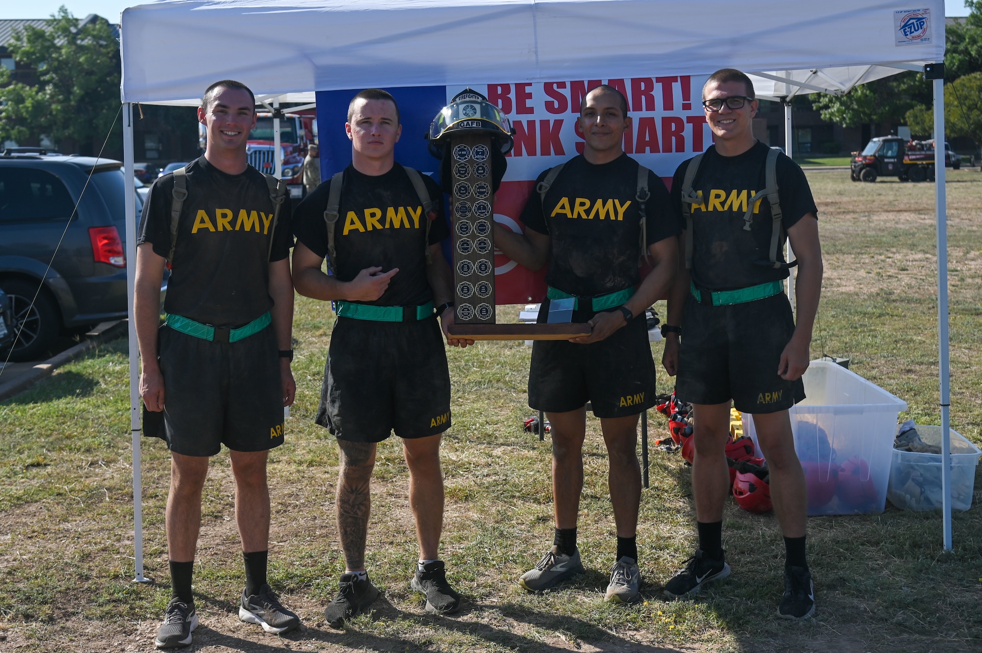 The Tomahawks, a team made up of U.S. Army soldiers assigned to the 344th Intelligence Battalion, pose with the Fire Muster Challenge Trophy after winning the competition at Goodfellow Air Force Base, Texas, Oct. 11, 2024. The Tomahawks dominated the competition, taking home the top spot in the challenge.  (U.S. Air Force photo by Airman 1st Class James Salellas)