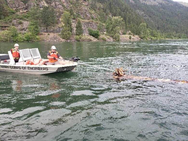 A team of USACE employees guide a log into the Kootenai River as part of USACE's Engineering with Nature (EWN) program designed to help improve ecosystem function in the Kootenai River downstream of the dam.