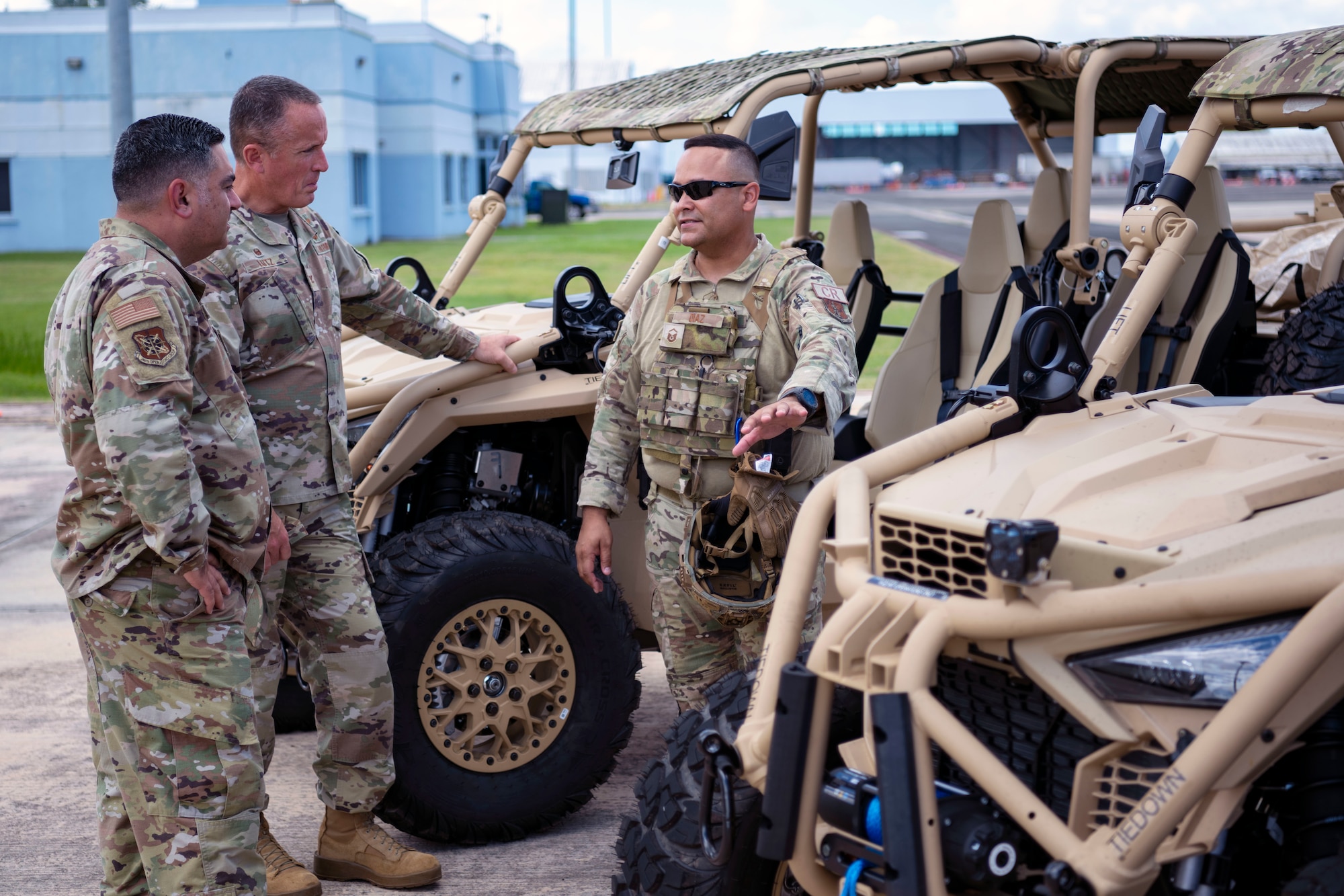 U.S. Air Force Master Sgt. Angel Diaz, a mission generation vehicular equipment maintenance specialist, with the 156th Contingency Response Group, Puerto Rico Air National Guard, provides an overview on the Military Polaris UTV MRZR A4 during the Contingency Response Senior Leadership Summit at Muñiz Air National Guard Base, Carolina, Puerto Rico, Oct. 9, 2024. The summit included a CR equipment and capability demonstration where subject matter experts engaged with leaders from 10 participating states and territories as well as retired Puerto Rico Air National Guard veterans, providing insight on the specialized equipment displayed necessary to conduct CR operations in disaster response and contested combat environments. (U.S. Air National Guard photo by Master Sgt. Victor J. Vazquez)