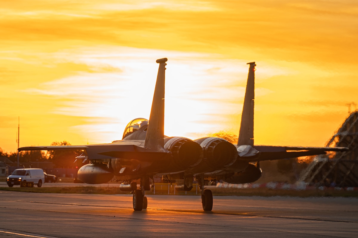 U.S. Air Force F-15E Strike Eagle taxis prior to takeoff