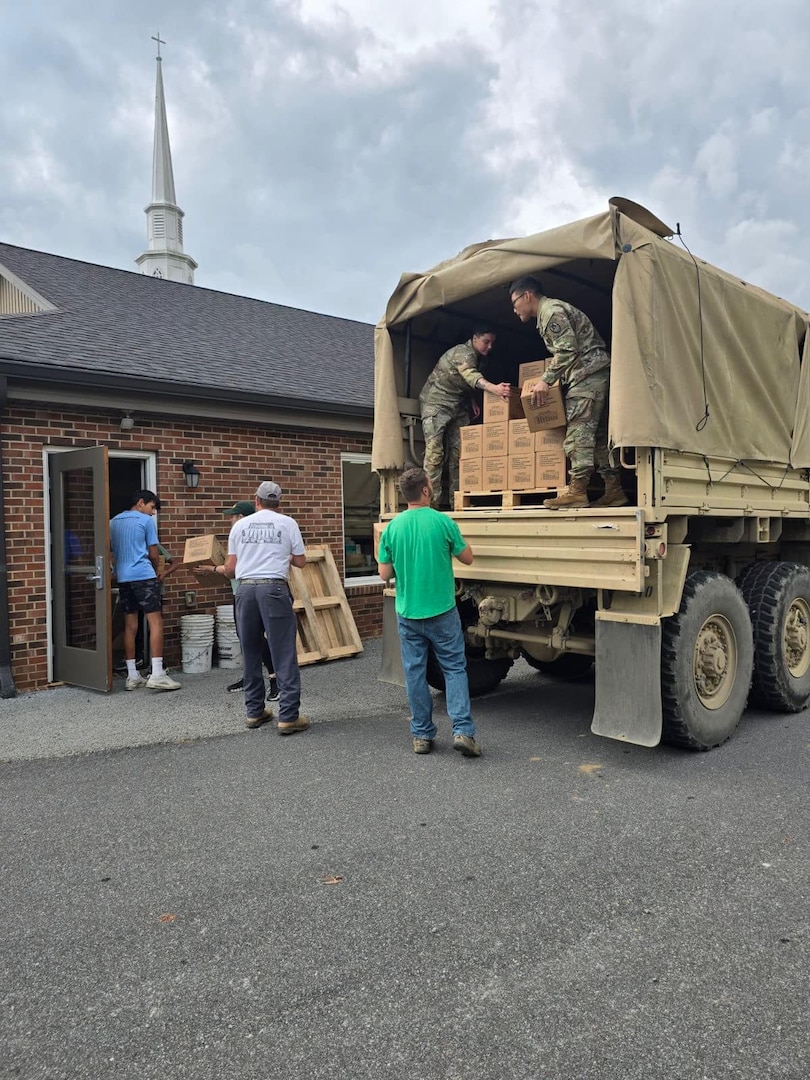 North Carolina National Guard members deliver supplies in Watauga County, North Carolina, in response to the impacts of Hurricane Helene.