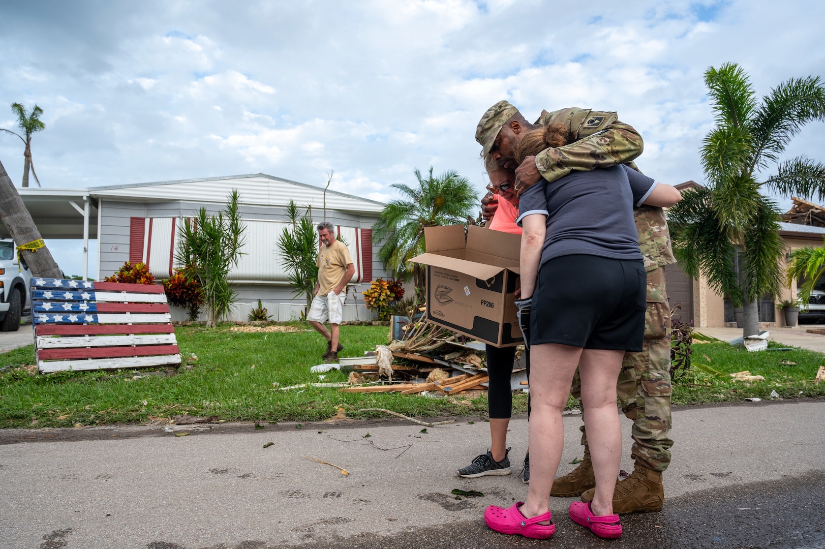 U.S. Soldiers assigned to Alpha Company, 1st Battalion, 124th Infantry Regiment, 53rd Infantry Brigade Combat Team, deliver water, meals and non-perishable goods to senior citizens in the Spanish Lake community in Port St. Lucie, Florida, Oct. 11, 2024. The state of Florida established point of distribution centers throughout Florida and deployed staging areas to ensure supplies were available to those in need.