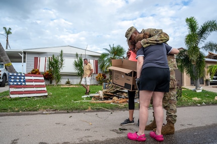 U.S. Soldiers assigned to Alpha Company, 1st Battalion, 124th Infantry Regiment, 53rd Infantry Brigade Combat Team, deliver water, meals and non-perishable goods to senior citizens in the Spanish Lake community in Port St. Lucie, Florida, Oct. 11, 2024. The state of Florida established point of distribution centers throughout Florida and deployed staging areas to ensure supplies were available to those in need.