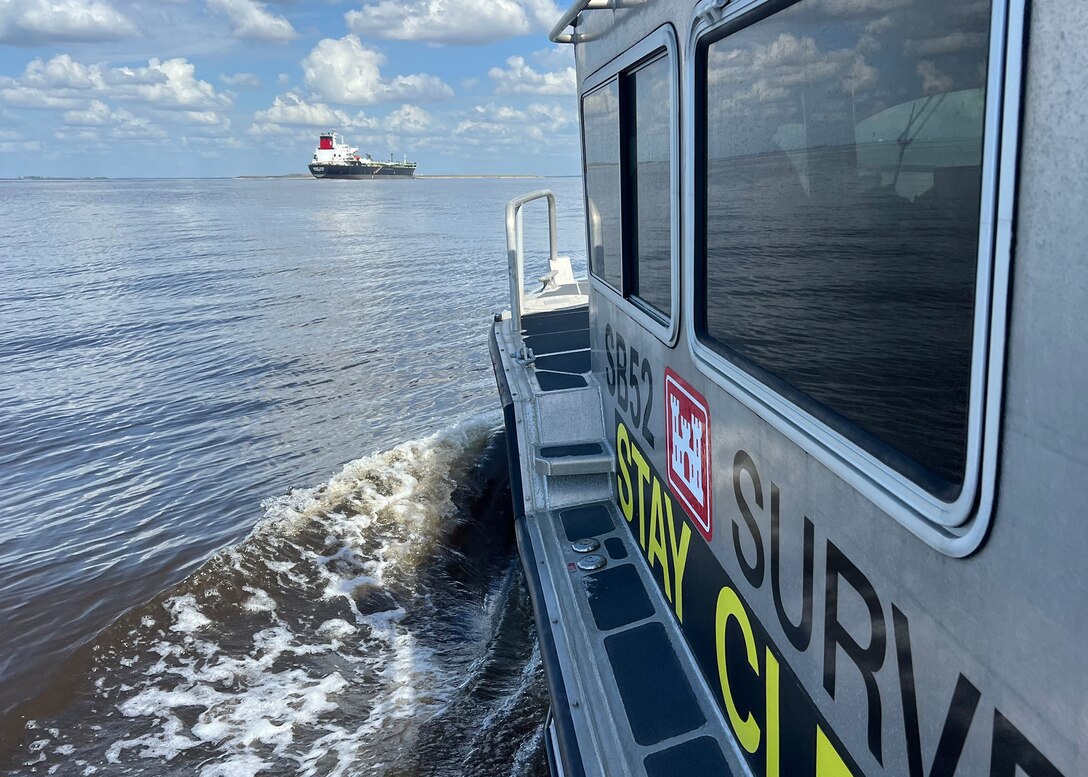 The U.S. Army Corps of Engineers Hydrographic Survey Boat teams from the Jacksonville District escorts the Golden State into the Tampa Harbor.  The U.S. Army Corps of Engineers Hydrographic Survey Boat teams surveyed the Tampa Harbor and Gulf Intracoastal Waterway which assisted the Coast Guard with quickly restoring navigation channels in the aftermath of Hurricane Milton to facilitate the arrival of commercial fuel and shipping vessels in the Tampa Harbor.