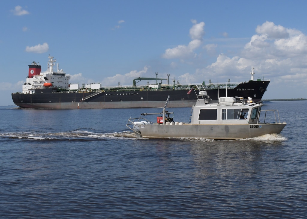 The U.S. Army Corps of Engineers Hydrographic Survey Boat teams from the Jacksonville District escorts the Golden State into the Tampa Harbor.  The U.S. Army Corps of Engineers Hydrographic Survey Boat teams surveyed the Tampa Harbor and Gulf Intracoastal Waterway which assisted the Coast Guard with quickly restoring navigation channels in the aftermath of Hurricane Milton to facilitate the arrival of commercial fuel and shipping vessels in the Tampa Harbor.