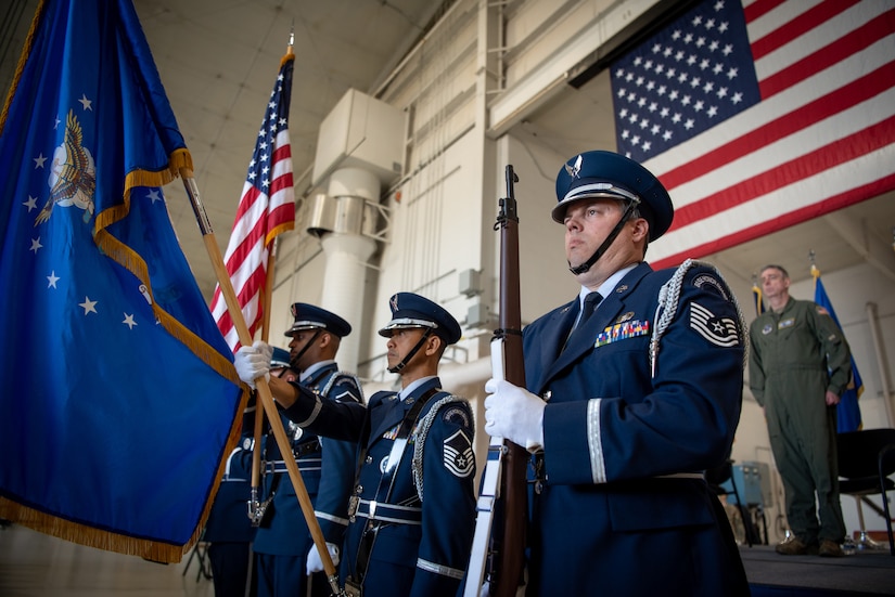 The 123rd Airlift Wing Color Guard presents the colors during a change-of-command ceremony at the Kentucky Air National Guard Base in Louisville, Ky., Oct. 11, 2024, in which command of the wing was transferred to Col. Matthew Quenichet, a career navigator and longtime member of the unit. Quenichet is replacing Col. Bruce Bancroft, who will be moving into a new leadership role at Joint Force Headquarters—Kentucky. (U.S. Air National Guard photo by Master Sgt. Joshua Horton)