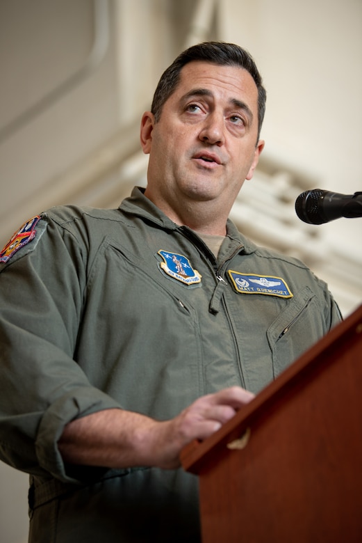 Col. Matthew Quenichet, incoming commander of the 123rd Airlift Wing, speaks during a change-of-command ceremony at the Kentucky Air National Guard Base in Louisville, Ky., Oct. 11, 2024. Quenichet is replacing Col. Bruce Bancroft, who will be moving into a new leadership role at Joint Force Headquarters—Kentucky. (U.S. Air National Guard photo by Master Sgt. Joshua Horton)