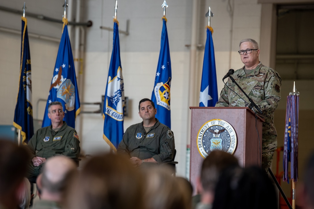 Brig. Gen. David Mounkes, the Kentucky National Guard’s assistant adjutant general for Air, speaks at a change-of-command ceremony at the Kentucky Air National Guard Base in Louisville, Ky., Oct. 11, 2024, in which command of the 123rd Airlift Wing was transferred to Col. Matthew Quenichet. Quenichet is replacing Col. Bruce Bancroft, who will be moving into a new leadership role at Joint Force Headquarters—Kentucky. (U.S. Air National Guard photo by Master Sgt. Joshua Horton)