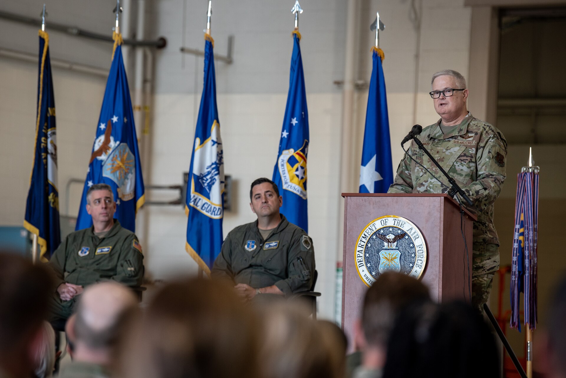 Brig. Gen. David Mounkes, the Kentucky National Guard’s assistant adjutant general for Air, speaks at a change-of-command ceremony at the Kentucky Air National Guard Base in Louisville, Ky., Oct. 11, 2024, in which command of the 123rd Airlift Wing was transferred to Col. Matthew Quenichet. Quenichet is replacing Col. Bruce Bancroft, who will be moving into a new leadership role at Joint Force Headquarters—Kentucky. (U.S. Air National Guard photo by Master Sgt. Joshua Horton)