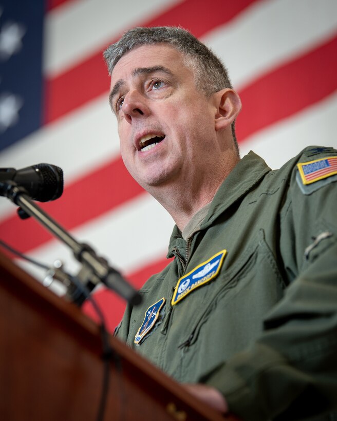 Col. Bruce Bancroft, outgoing commander of the 123rd Airlift Wing, speaks during a change-of-command ceremony at the Kentucky Air National Base in Louisville, Ky., Oct. 11, 2024, in which command of the wing was transferred to Col. Matthew Quenichet, a career navigator and longtime member of the unit. Bancroft will be moving into a new leadership role at Joint Force Headquarters—Kentucky. (U.S. Air National Guard photo by Master Sgt. Joshua Horton)