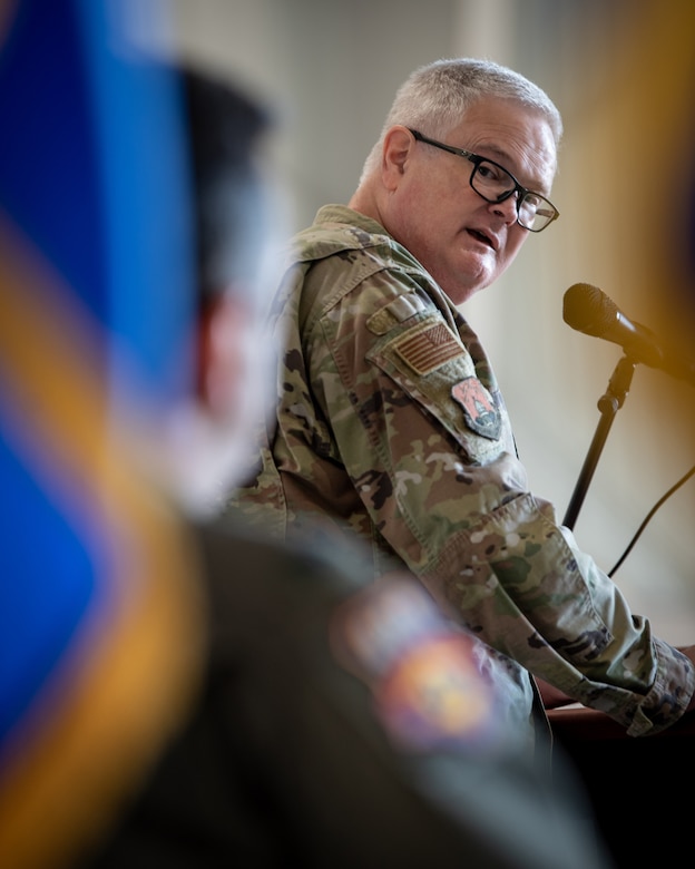 Brig. Gen. David Mounkes, the Kentucky National Guard’s assistant adjutant general for Air, speaks at a change-of-command ceremony at the Kentucky Air National Guard Base in Louisville, Ky., Oct. 11, 2024, in which command of the 123rd Airlift Wing was transferred to Col. Matthew Quenichet. Quenichet is replacing Col. Bruce Bancroft, who will be moving into a new leadership role at Joint Force Headquarters—Kentucky. (U.S. Air National Guard photo by Master Sgt. Joshua Horton)