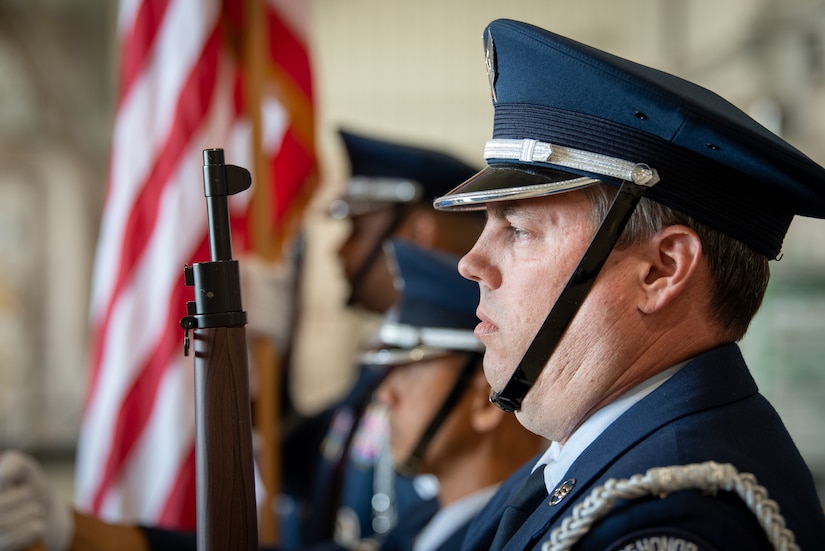 The 123rd Airlift Wing Color Guard presents the colors during a change-of-command ceremony at the Kentucky Air National Guard Base in Louisville, Ky., Oct. 11, 2024, in which command of the wing was transferred to Col. Matthew Quenichet, a career navigator and longtime member of the unit. Quenichet is replacing Col. Bruce Bancroft, who will be moving into a new leadership role at Joint Force Headquarters—Kentucky. (U.S. Air National Guard photo by Master Sgt. Joshua Horton)