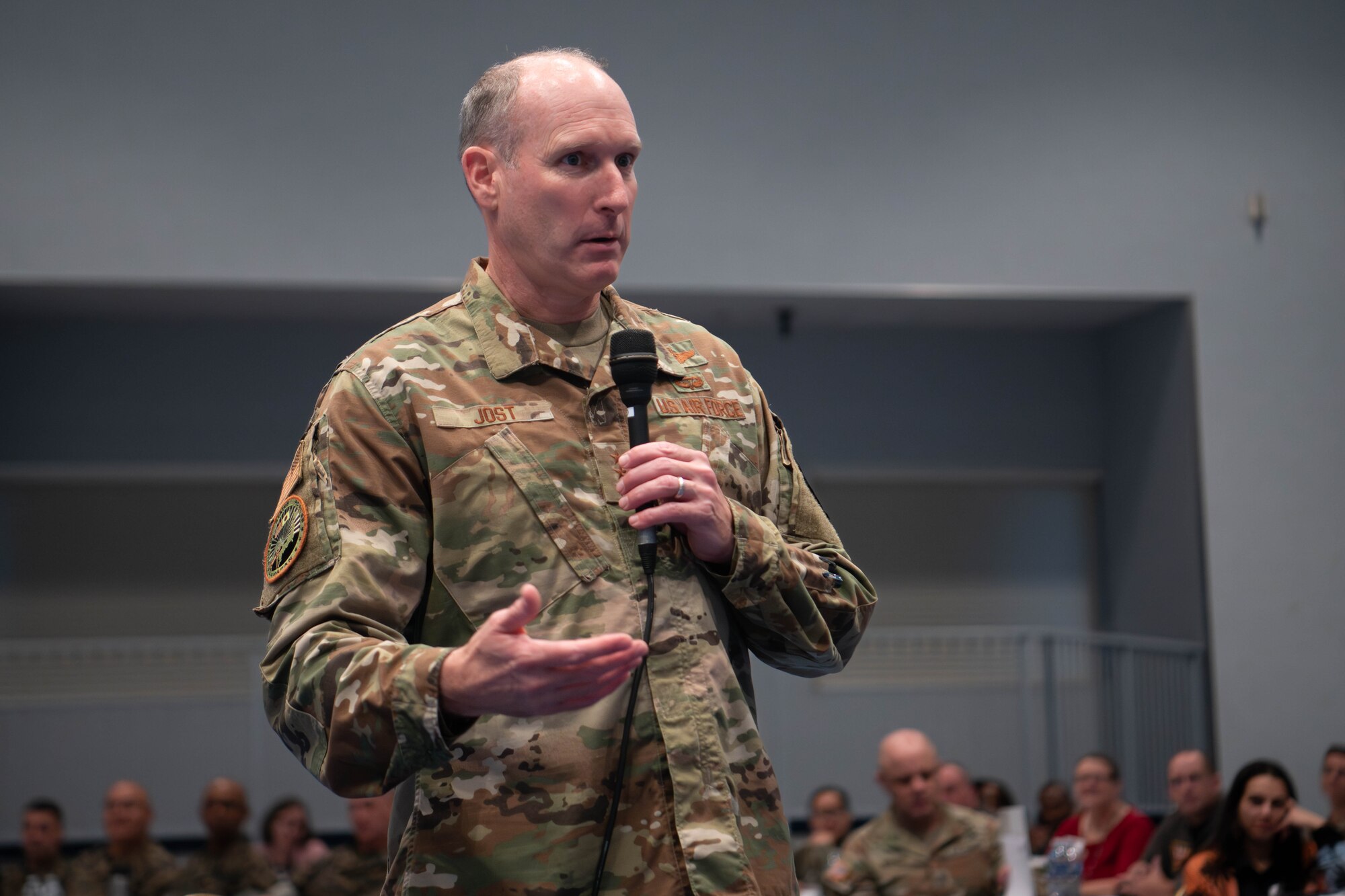 U.S. Air Force Lt. Gen. Stephen Jost, incoming U.S. Forces Japan and 5th Air Force commander, delivers remarks during a combined commanders conference at Yokota Air Base, Japan, Oct. 8, 2024. The event was the first opportunity for Jost to meet the leaders within his command after taking command Oct. 8. (U.S. Air Force photo by Senior Airman Alexzandra Gracey)