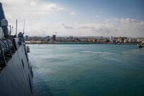 The San Antonio-class amphibious transport dock ship USS New York (LPD 21) enters port in Larnaca, Cyprus, Oct. 14, 2024. New York is conducting operations in the U.S. Naval Forces Europe and Africa (NAVEUR-NAVAF) area of operations as part of the Wasp Amphibious Ready Group (WSP ARG)-24th Marine Expeditionary Unit (MEU) Special Operations Capable (SOC). The WSPARG-24th MEU (SOC) is on a scheduled deployment to the NAVEUR-NAVAF area of operations, supporting U.S., Allied and partner interests in the region, including the Eastern Mediterranean Sea, to continue promoting regional stability and deterring aggression. (U.S. Navy photo by Mass Communication Specialist 2nd Class Jesse Turner)