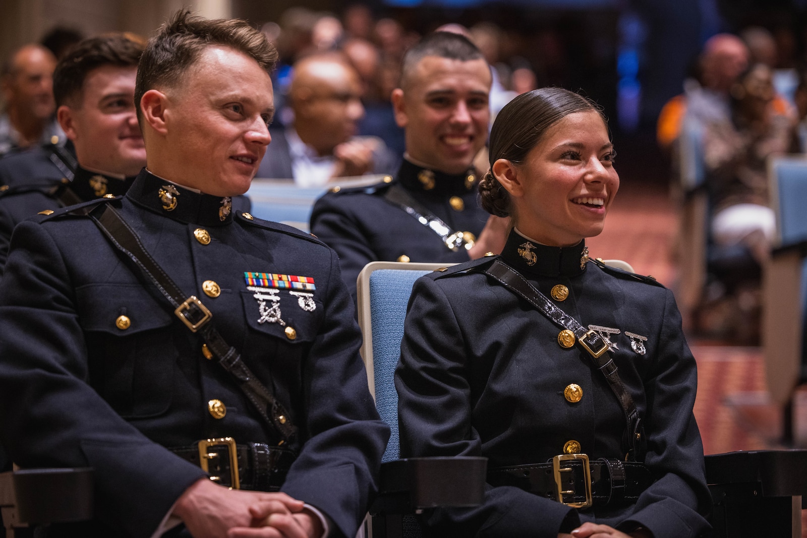 U.S. Marines with Charlie Company, class 3-24, The Basic School, listen to a speech during their graduation ceremony on Marine Corps Base Quantico, Virginia, Oct. 10, 2024. Following graduation, the officers proceed to their respective military occupational specialty schools to gain their primary job skills knowledge and hone their leadership abilities. (U.S. Marine Corps photo by Lance Cpl. Joaquin Dela Torre)