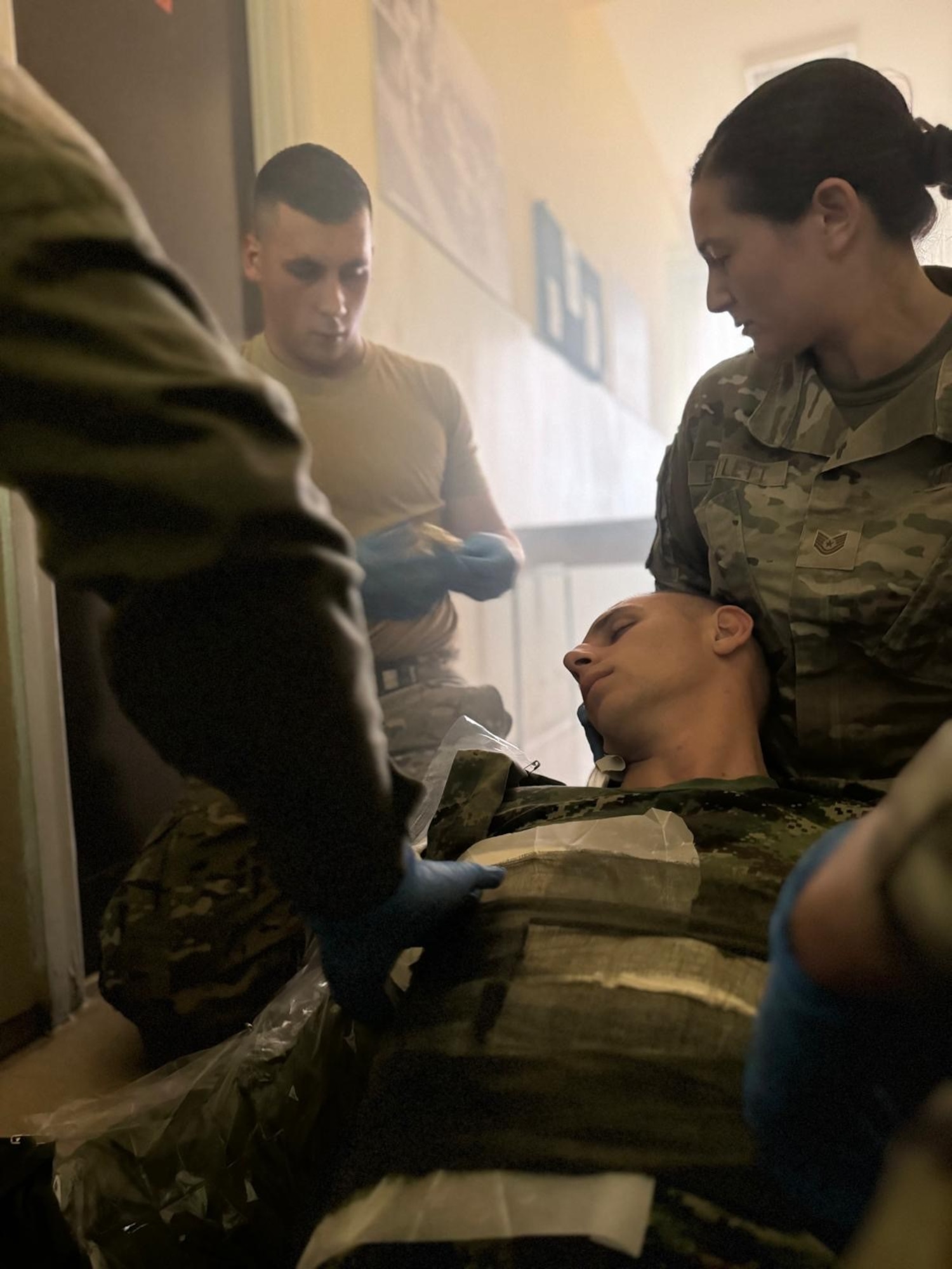 Medics from Bosnia, Montenegro, Greece, Azerbaijan, and the U.S. practice at The Serbian Armed Forces Medical Logistics Training Center in Niš, Serbia