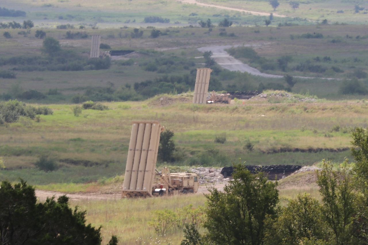 An Army missile defense system is used in a field during training.