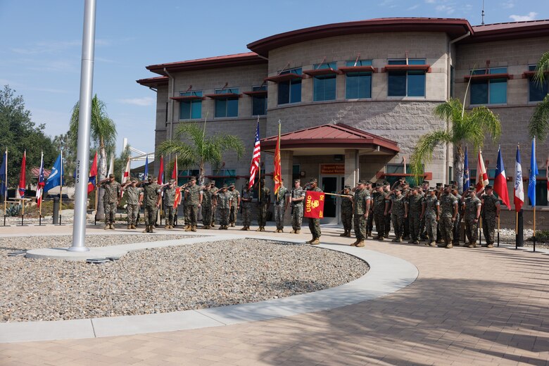 U.S. Marine Corps Sgt. Maj. Casey J. Pilkington, Wounded Warrior Battalion West battalion senior enlisted leader, speaks during a relief and appointment ceremony at Marine Corps Base Camp Pendleton, Calif., Oct. 4, 2024. During the ceremony, Sgt. Maj. Robert L. Leatherman relinquished the responsibility of command senior enlisted leader for Wounded Warrior Battalion West to Sgt. Maj. Casey J. Pilkington. The ceremony represents the transfer of authority and accountability from the outgoing command senior enlisted leader to the incoming command senior enlisted leader. (U.S. Marine Corps photo by Lance Cpl. Jeslianne A. Torres).