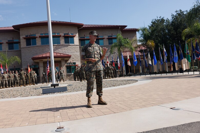 U.S. Marine Corps Sgt. Maj. Casey J. Pilkington, Wounded Warrior Battalion West battalion senior enlisted leader, speaks during a relief and appointment ceremony at Marine Corps Base Camp Pendleton, Calif., Oct. 4, 2024. During the ceremony, Sgt. Maj. Robert L. Leatherman relinquished the responsibility of command senior enlisted leader for Wounded Warrior Battalion West to Sgt. Maj. Casey J. Pilkington. The ceremony represents the transfer of authority and accountability from the outgoing command senior enlisted leader to the incoming command senior enlisted leader. (U.S. Marine Corps photo by Lance Cpl. Jeslianne A. Torres).
