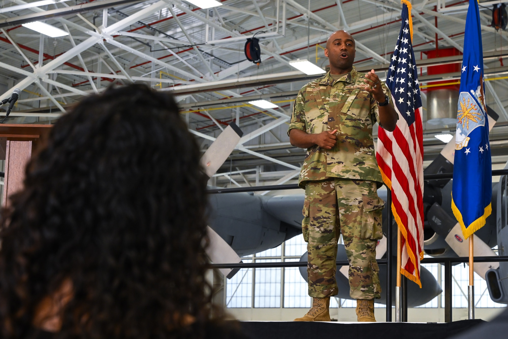 Chief Master Sgt. Howard Dixon, 910th Airlift Wing command chief, gives remarks after officially assuming responsibility as command chief during a ceremony at Youngstown Air Reserve Station, Ohio, Oct. 5, 2024.