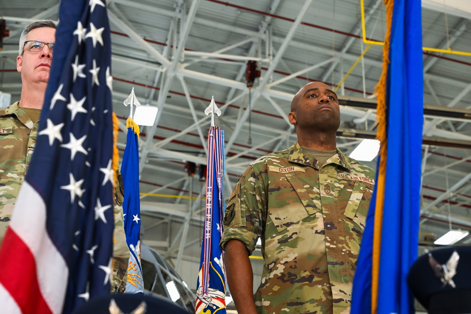 Chief Master Sgt. Howard Dixon, 910th Airlift Wing command chief, prepares to officially assume responsibility as command chief during a ceremony at Youngstown Air Reserve Station, Ohio, Oct. 5, 2024.
