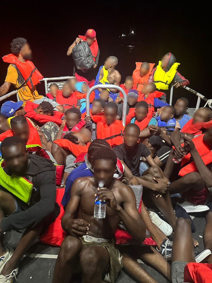 Haitian migrants aboard a vessel south of the Turks and Caicos Islands, Oct. 12, 2024. The migrants were embarked by the Coast Guard Cutter Margaret Norvell for repatriation. (Photo courtesy of Turks and Caicos Police)