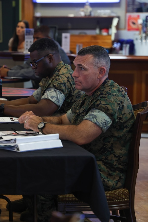 U.S. Marine Corps Col. Ralph J. Rizzo, Jr., commander of Marine Corps Installations East-Marine Corps Base (MCIEAST-MCB) Camp Lejeune, listens to a brief during the 2024 MCIEAST Commander’s Conference on MCB Camp Lejeune, Oct. 7, 2024. The conference provided East Coast installation commanders an opportunity to share insights and discuss key topics to include quality of life, installation resilience, budget prioritizations and operational issues. (U.S. Marine Corps photo by Cpl. Zeta Johnson)