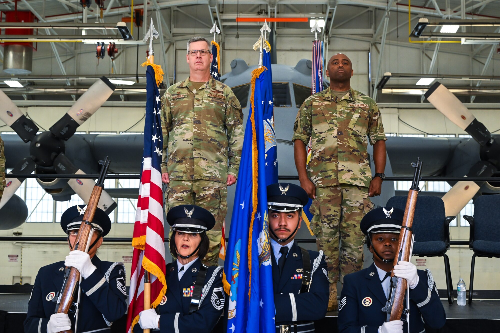 Chief Master Sgt. Howard Dixon, 910th Airlift Wing command chief, prepares to officially assume responsibility as command chief during a ceremony at Youngstown Air Reserve Station, Ohio, Oct. 5, 2024.