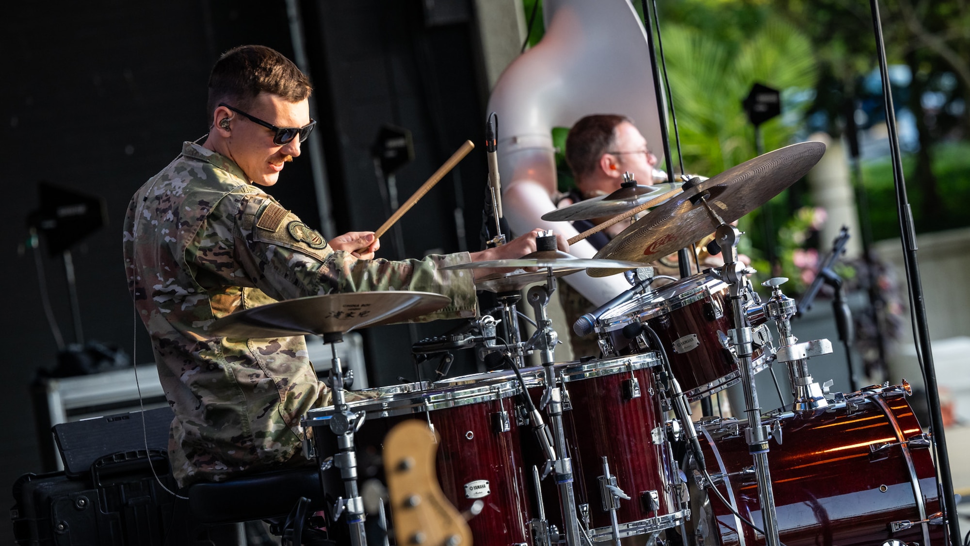 Hayden Johnson playing drums at a Band of Flight concert at the Fraze Pavilion.